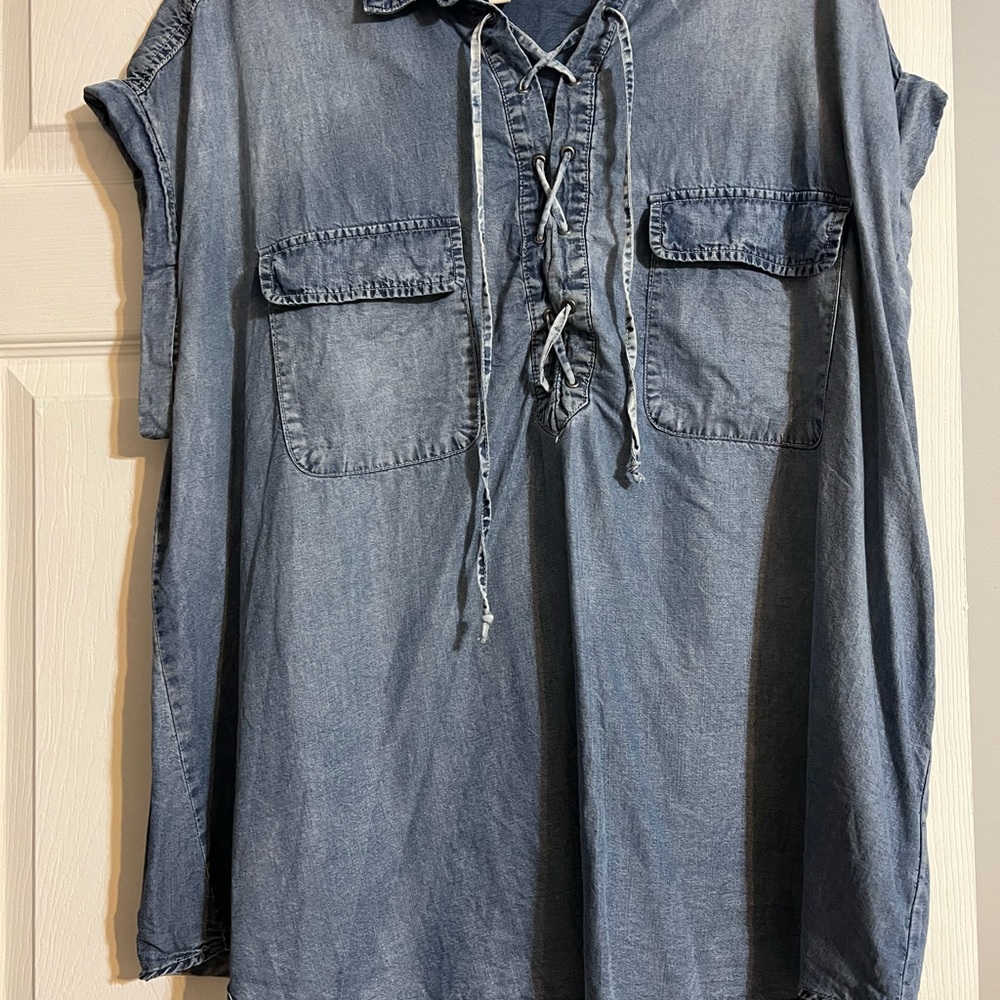 Blue denim dress with lace-up front and pockets, size 2X
 #denim #dress